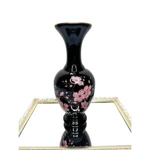 Opalina Florentina - large black glass vase decorated with flowers - Italy